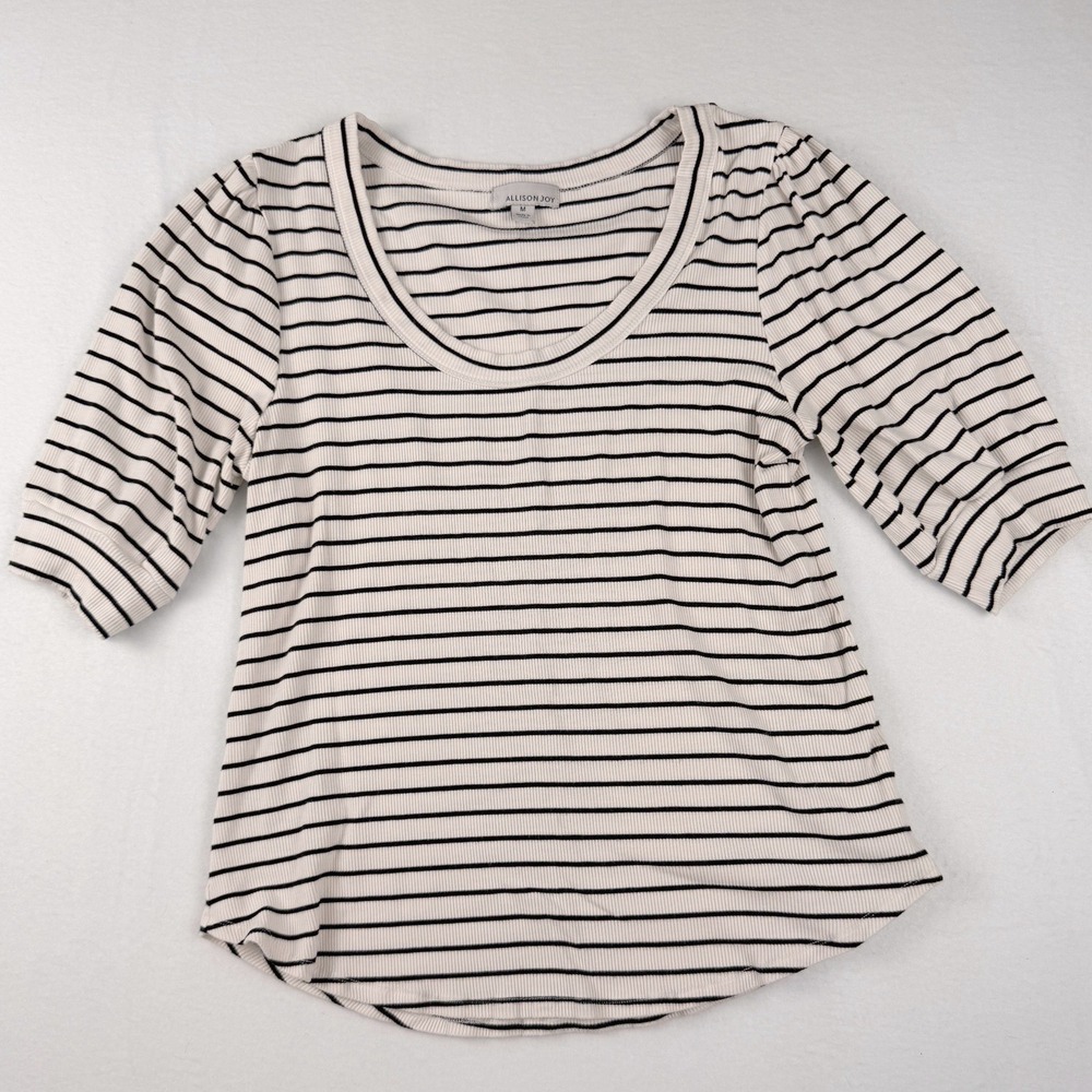Allison Joy Striped Ribbed Puff Sleeve Scoop Neck Top Cream Black M
